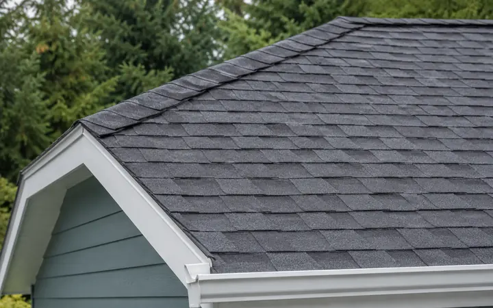 Charcoal-gray shingle courses and a white roof edge above teal siding.