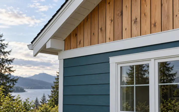 Teal horizontal lap siding beneath a cedar vertical-board accent and white trim.