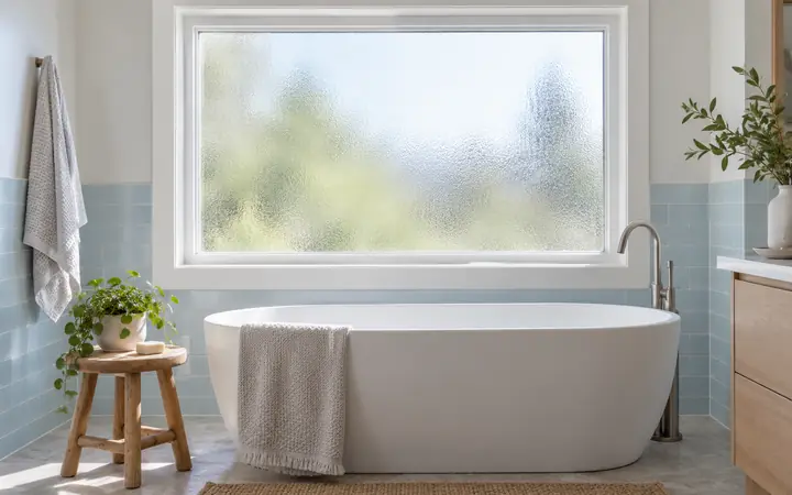 White-framed frosted bathroom window beside a white bathtub.