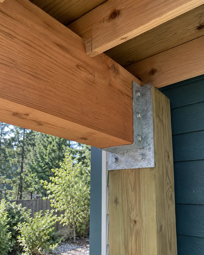 Metal deck connector joining natural wood framing members.