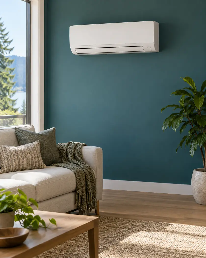 White indoor ductless heat-pump head on a teal wall above light seating.