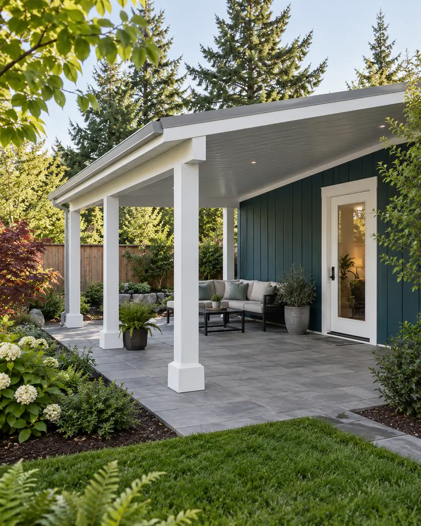 White patio cover with a sloping gray roof beside a teal wall and exterior door.