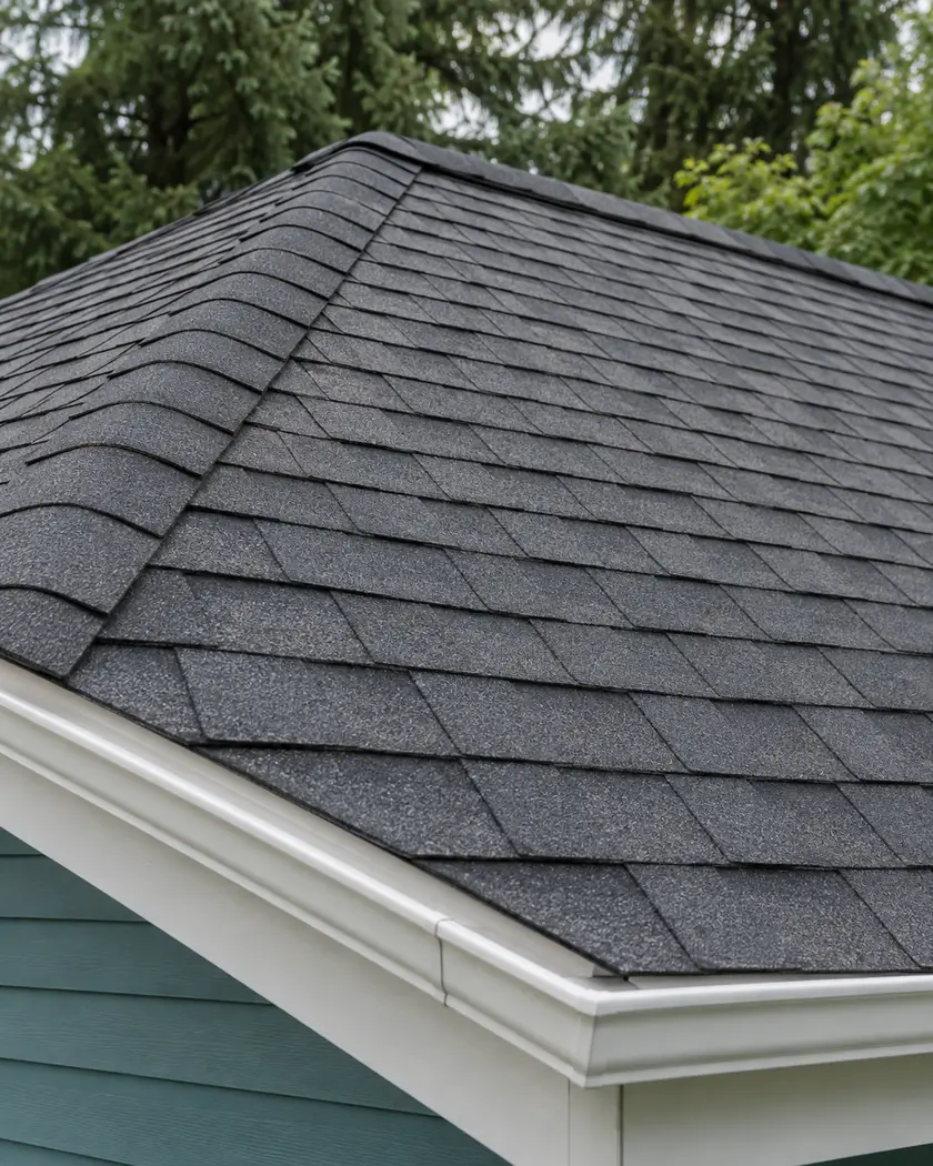 Finished charcoal-gray asphalt shingle roof with white fascia above teal siding.