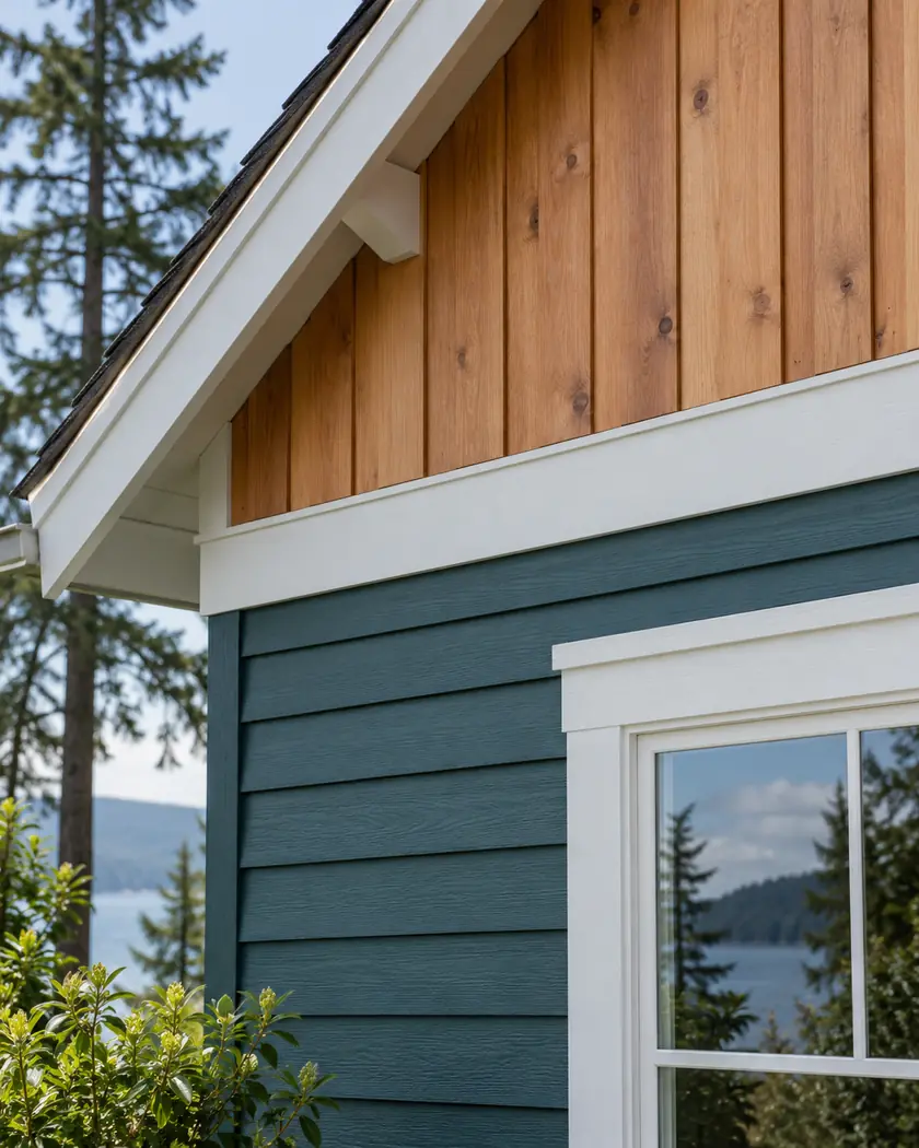 Teal horizontal lap siding beneath a cedar vertical-board accent and white trim.