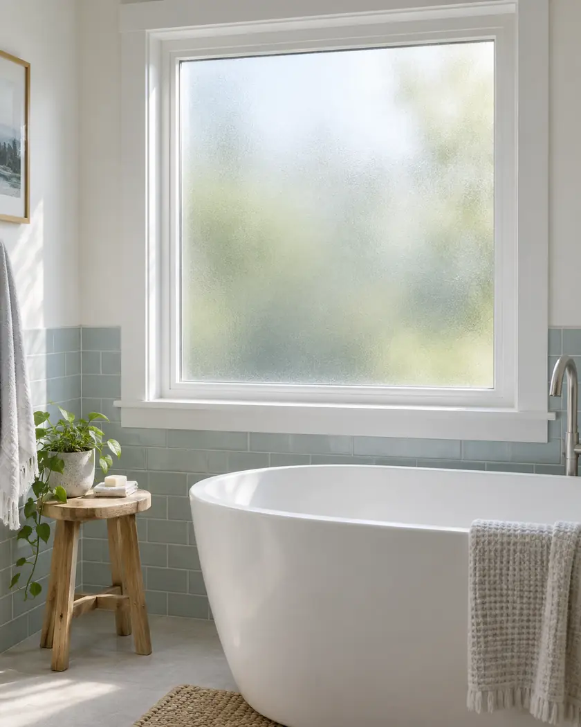 White-framed frosted bathroom window beside a white bathtub.