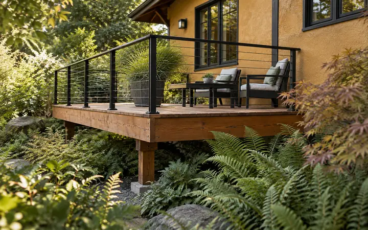 Cedar deck platform with a black guard above fern planting.