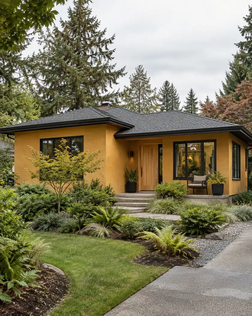 Warm ochre bungalow with a dark hip roof, black windows and a planted front garden.
