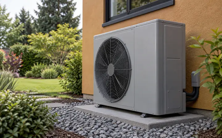 Gray outdoor heat pump on a level pad beside an ochre wall and open garden.