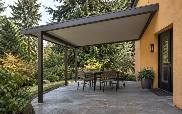 Open bronze patio cover over paving beside an ochre wall and retained garden trees.