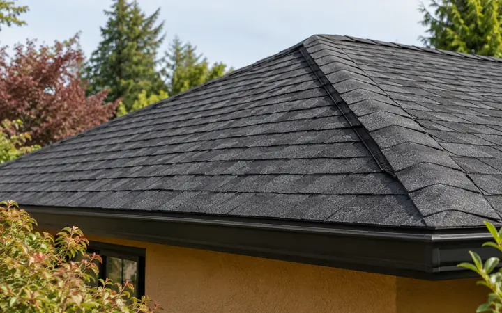 Charcoal shingle roof with a capped ridge and dark fascia above an ochre wall.