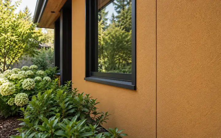 Ochre textured stucco wall with a narrow vertical joint beside a black window.