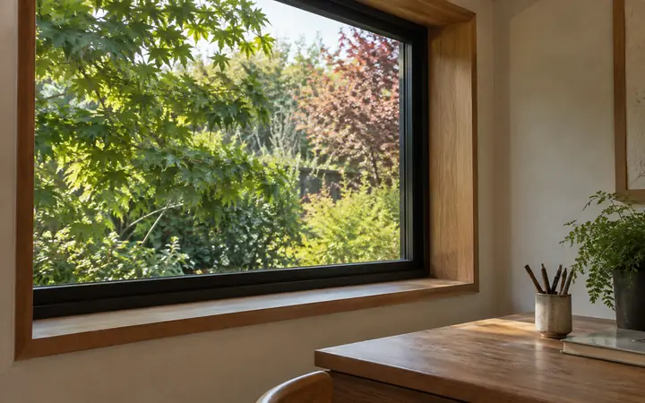 Black-framed window with a natural wood interior surround above a wood desk.