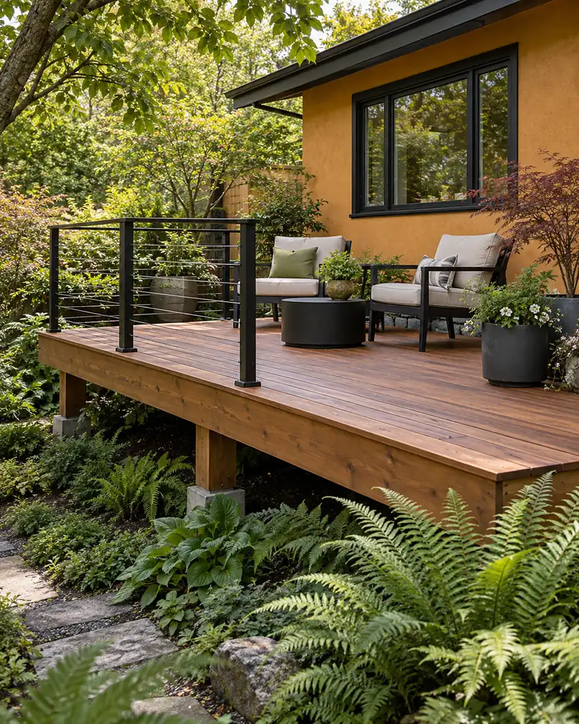 Cedar deck with a black metal guard beside an ochre wall and fern garden.