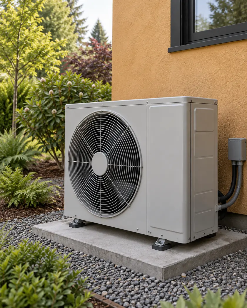Gray outdoor heat pump on a level pad beside an ochre wall and open garden.