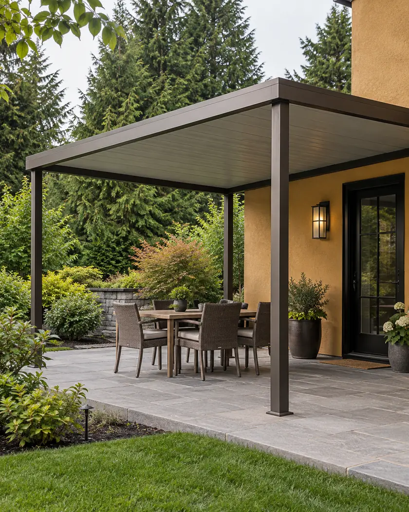 Open bronze patio cover over paving beside an ochre wall and retained garden trees.