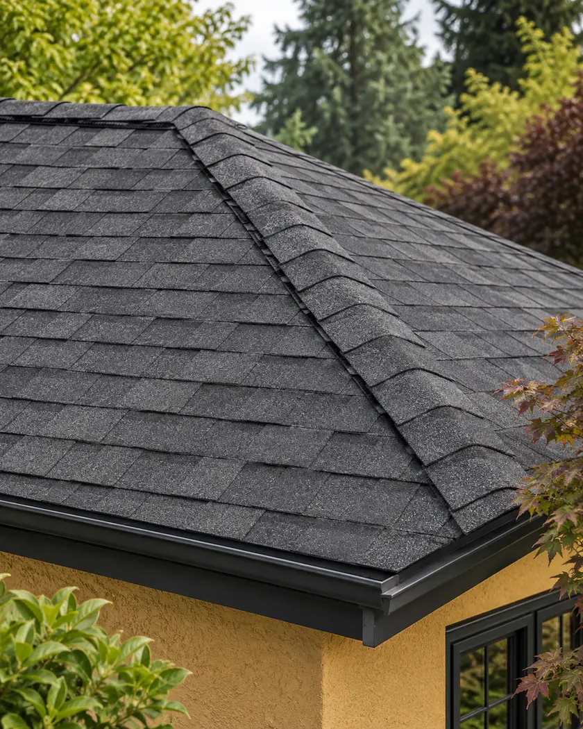 Charcoal shingle roof with a capped ridge and dark fascia above an ochre wall.