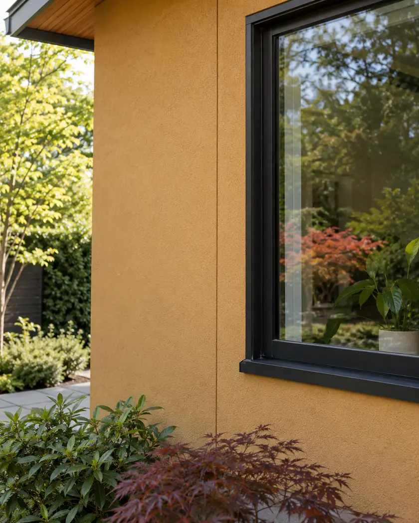 Ochre textured stucco wall with a narrow vertical joint beside a black window.
