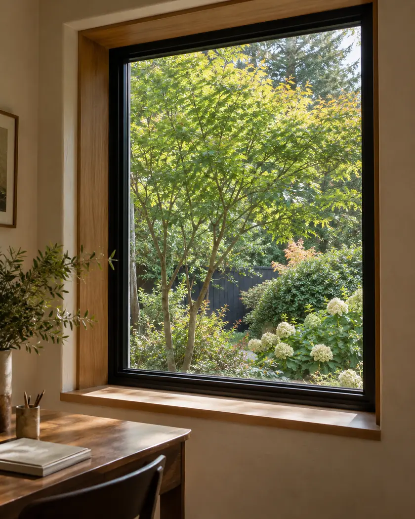 Black-framed window with a natural wood interior surround above a wood desk.