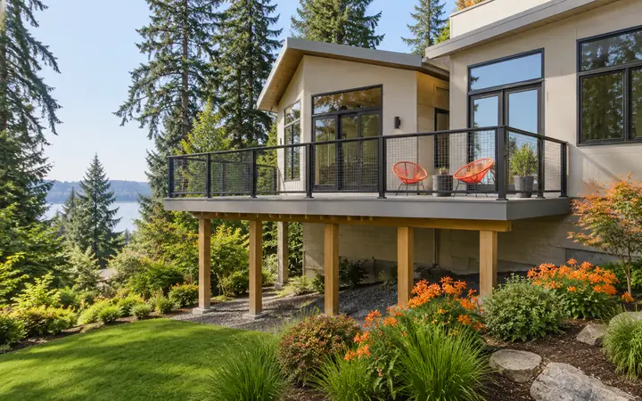 Gray deck with black mesh railing and natural-toned support posts beside a sand-colored home.