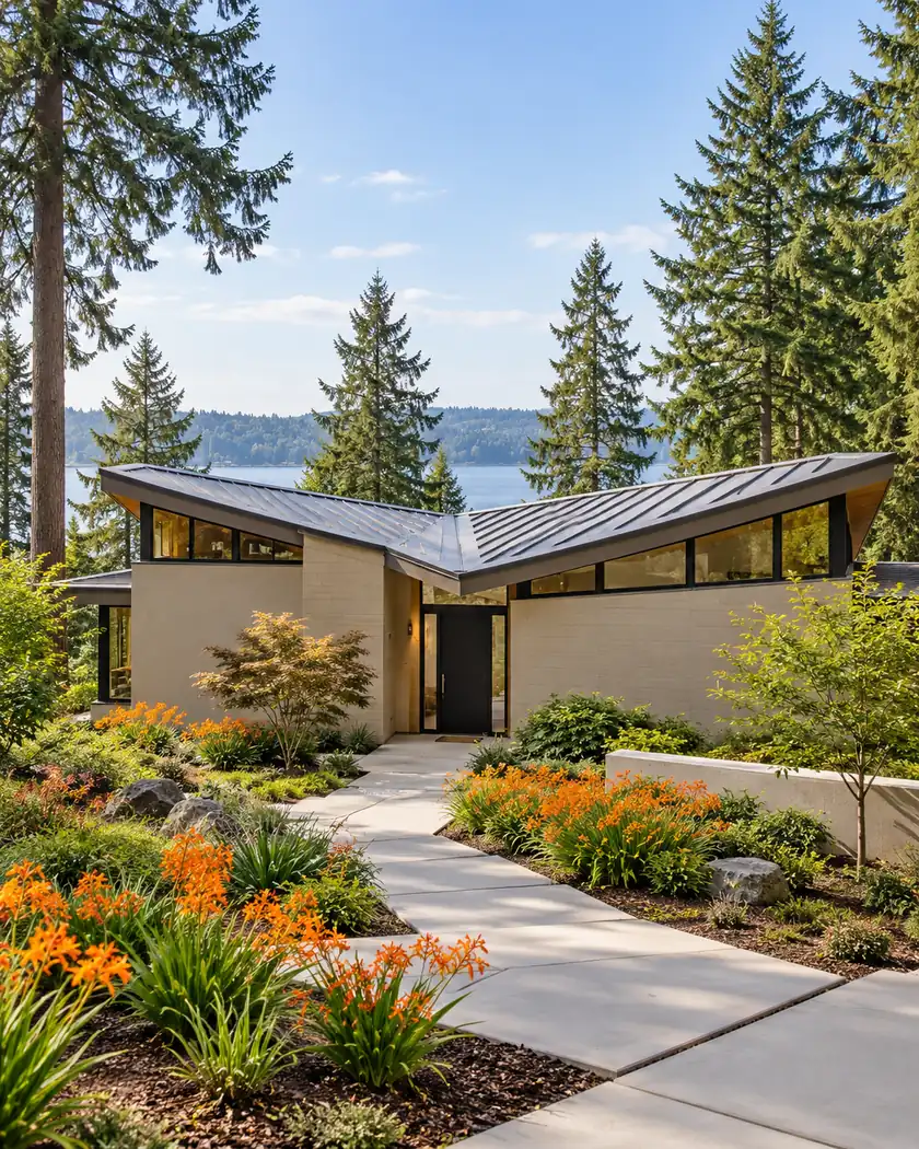 Sand-colored modern home with a gray butterfly roof, dark windows and orange garden flowers.