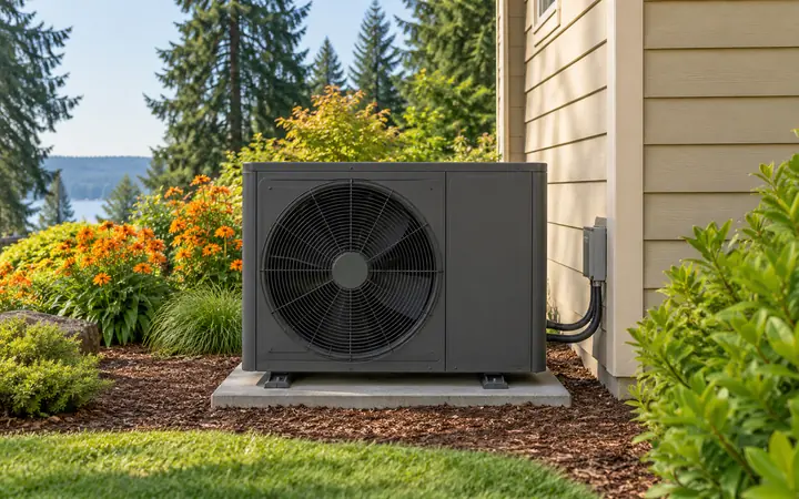 Dark outdoor HVAC unit with one front fan beside a sand-colored home and orange flowers.