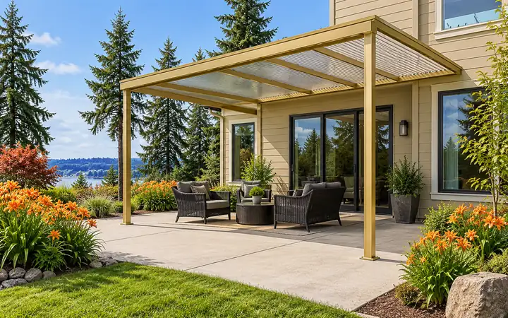 Golden-framed attached patio cover with a clear sloping roof and dark chairs beside a sand-colored home.