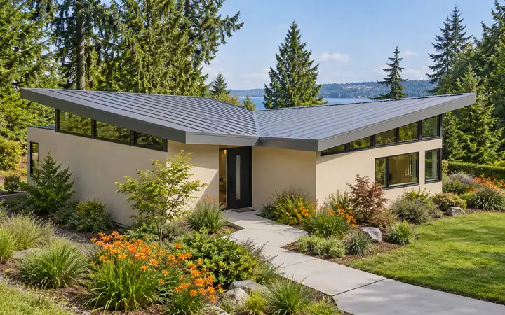 Gray metal butterfly roof above a sand-colored modern home.