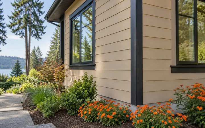 Sand-colored horizontal wall siding with dark window trim and orange flowering plants.