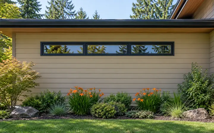 Long black-framed clerestory window above a sand-colored wall and orange flowers.