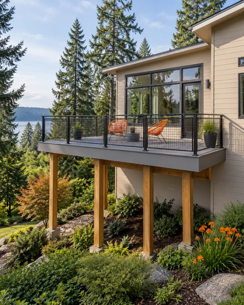 Gray deck with black mesh railing and natural-toned support posts beside a sand-colored home.