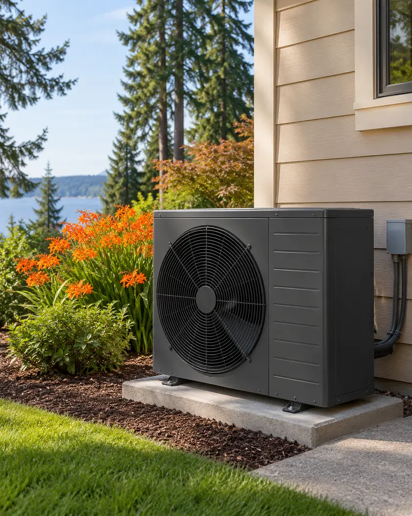 Dark outdoor HVAC unit with one front fan beside a sand-colored home and orange flowers.