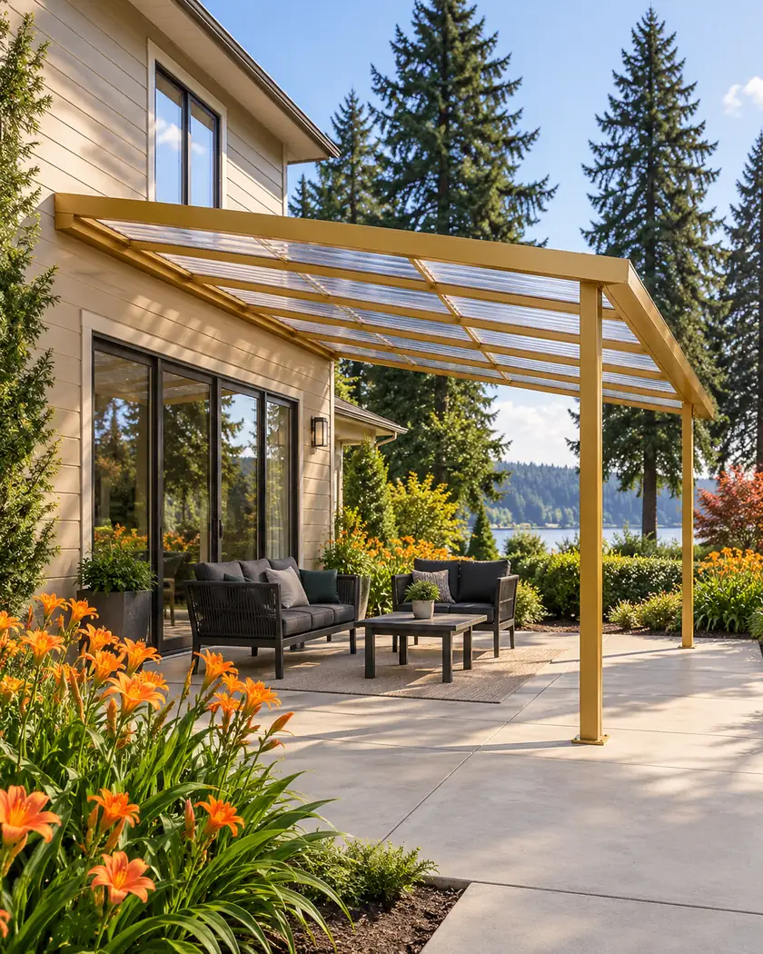 Golden-framed attached patio cover with a clear sloping roof and dark chairs beside a sand-colored home.
