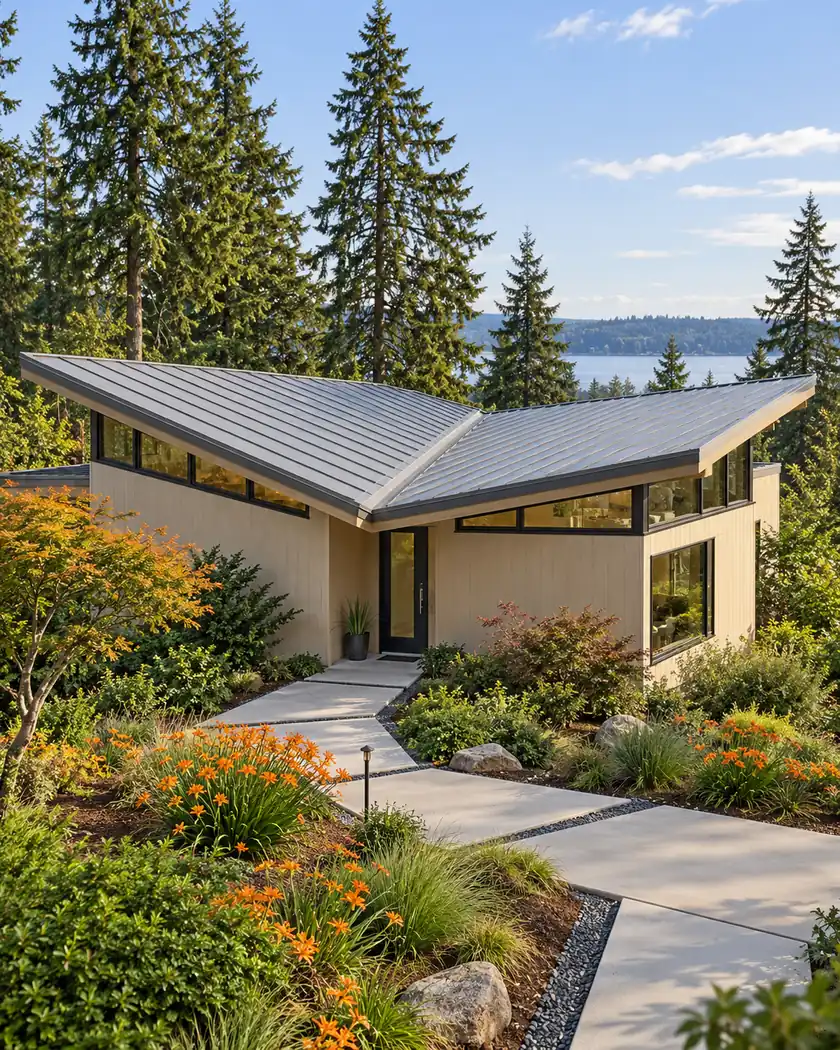Gray metal butterfly roof above a sand-colored modern home.