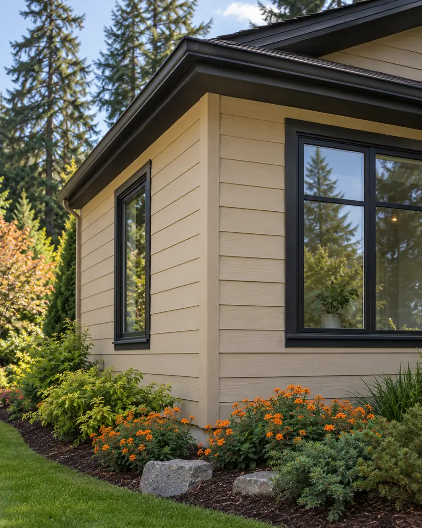 Sand-colored horizontal wall siding with dark window trim and orange flowering plants.