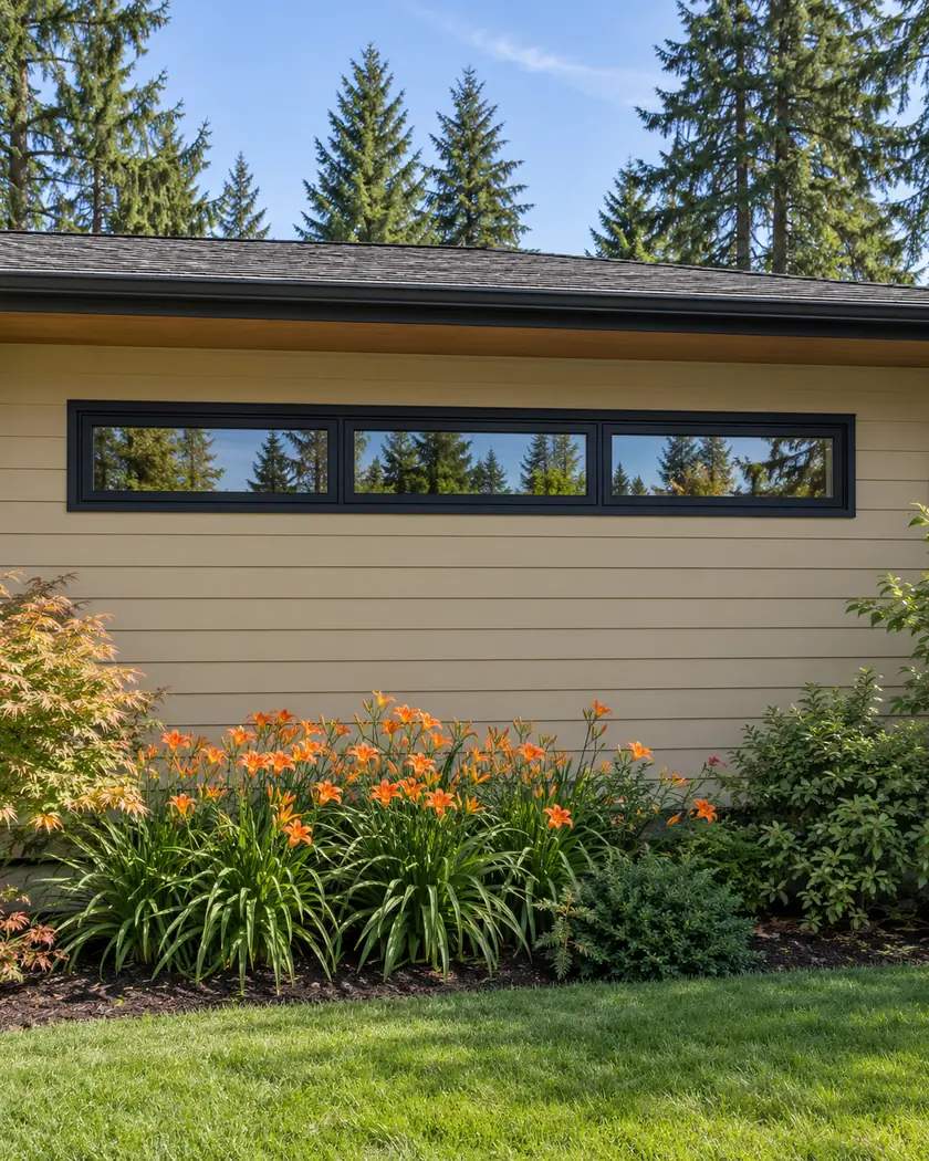 Long black-framed clerestory window above a sand-colored wall and orange flowers.
