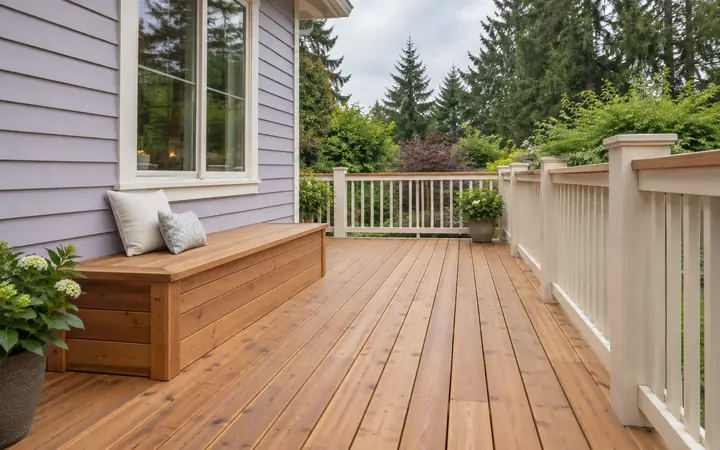Cedar deck with a built-in wood storage bench and cream railing beside lavender siding.