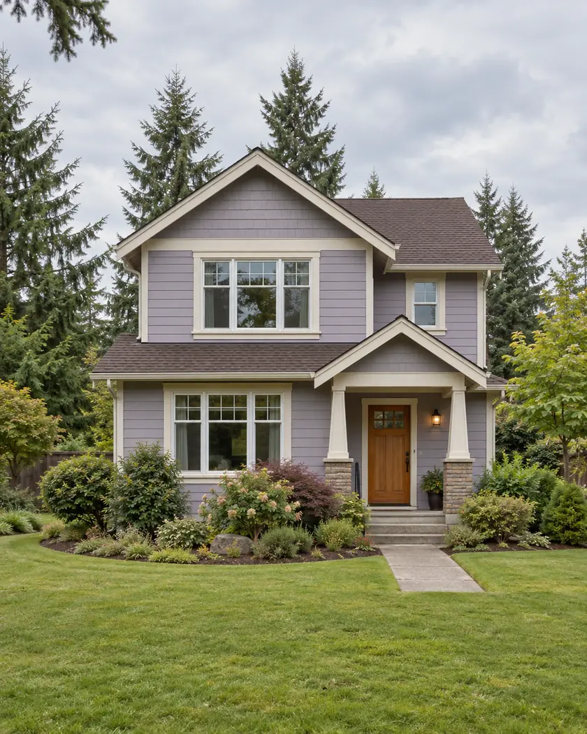 Pale lavender two-story home with cream trim, a brown gable roof and a planted front garden.