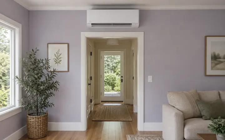 White indoor heating and cooling unit above a cream opening in a lavender room.