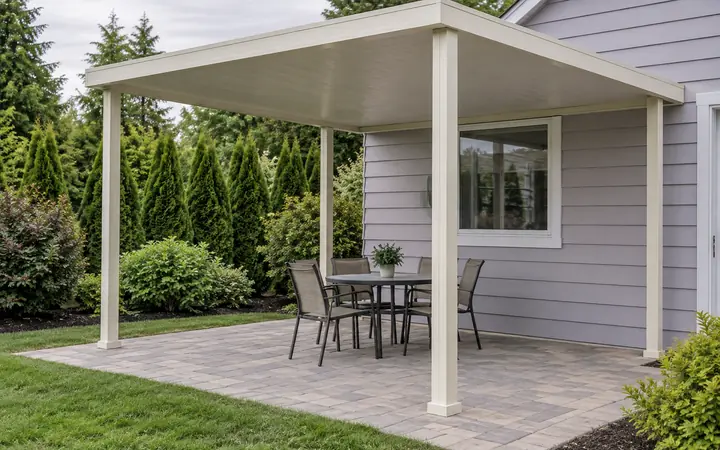 Cream patio cover with a light gray roof over paving beside pale lavender siding.