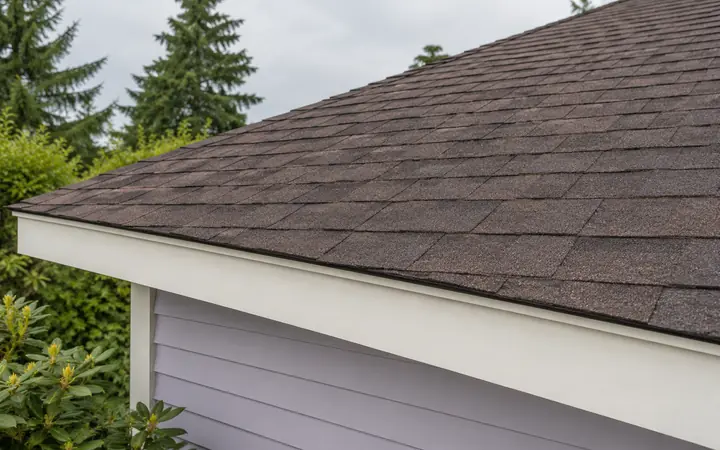 Brown asphalt shingles meeting cream fascia above pale lavender siding.