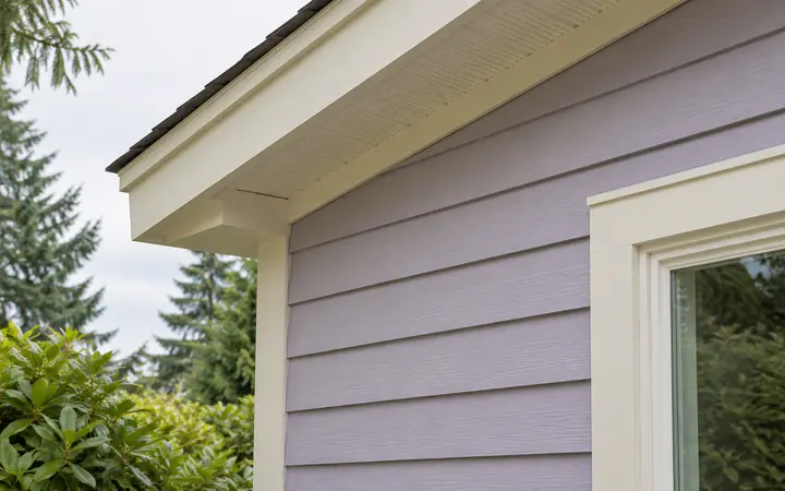 Pale lavender lap siding beneath a cream soffit and fascia.