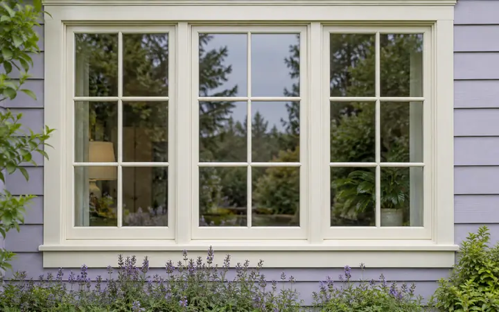 Cream-framed divided-light window in pale lavender horizontal siding.