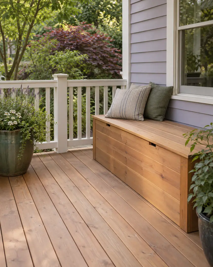 Cedar deck with a built-in wood storage bench and cream railing beside lavender siding.