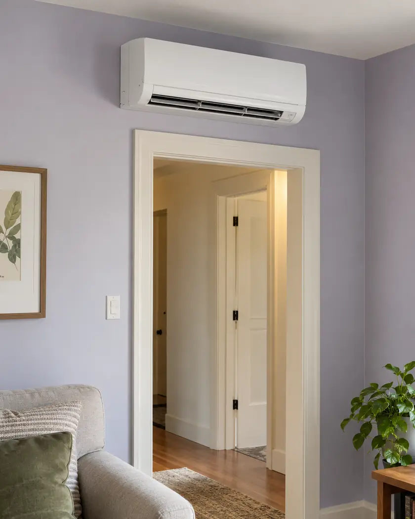 White indoor heating and cooling unit above a cream opening in a lavender room.