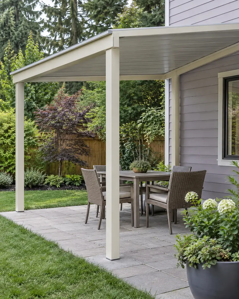 Cream patio cover with a light gray roof over paving beside pale lavender siding.