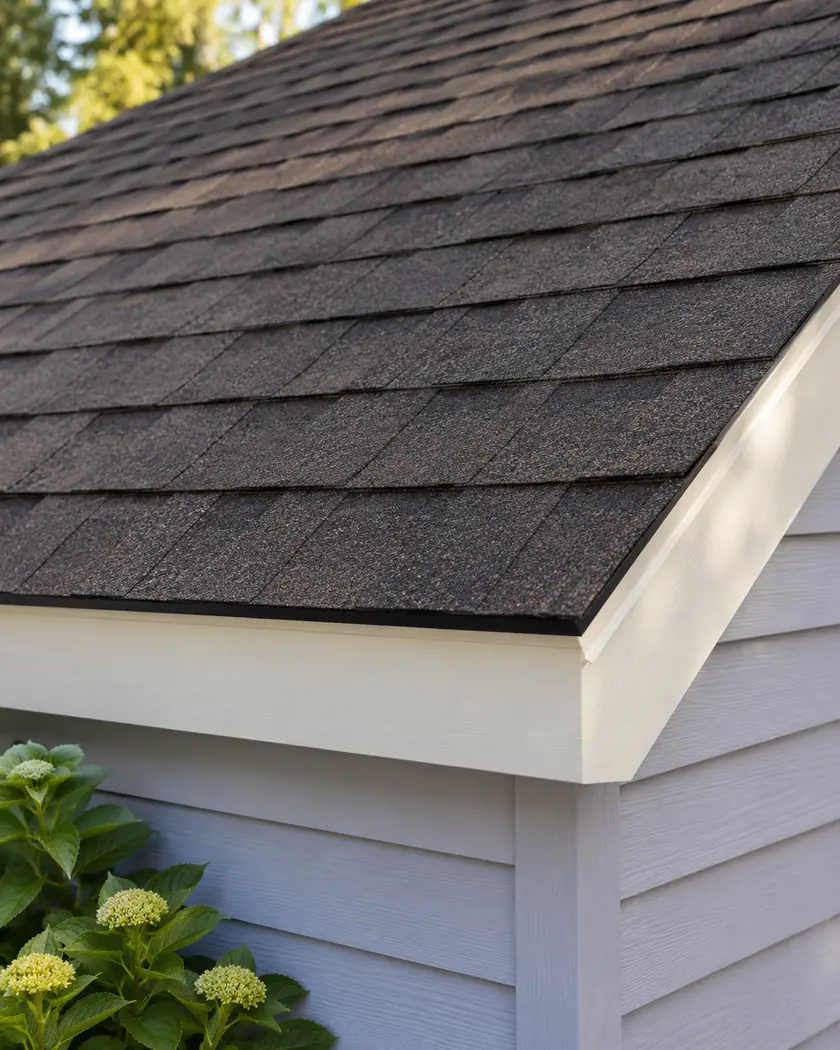 Brown asphalt shingles meeting cream fascia above pale lavender siding.