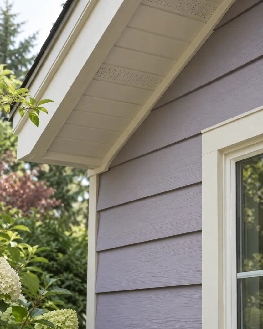 Pale lavender lap siding beneath a cream soffit and fascia.