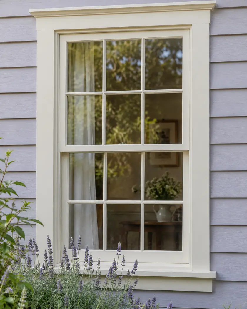 Cream-framed divided-light window in pale lavender horizontal siding.