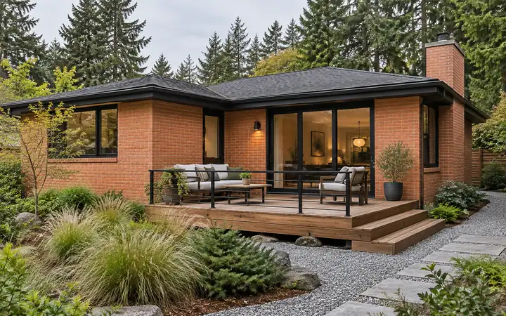 Low cedar deck with a black railing and movable outdoor furniture beside coral brick.