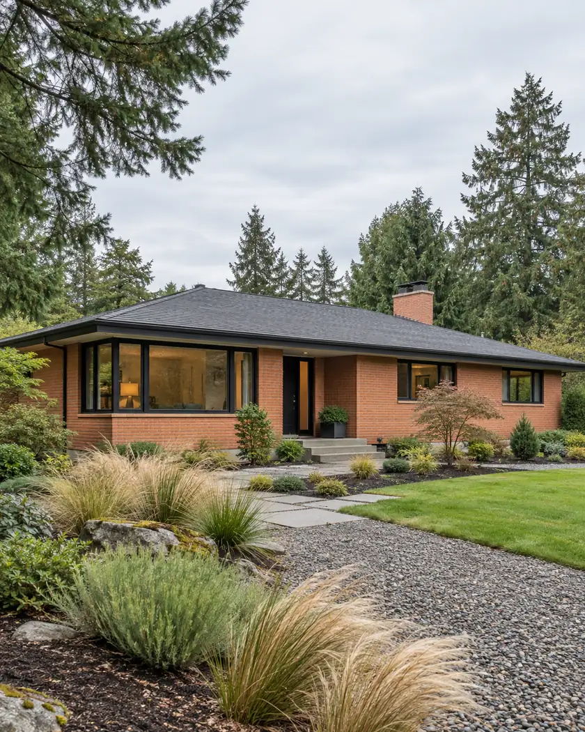 Coral brick one-story home with black window frames, a low charcoal roof and ornamental grasses.
